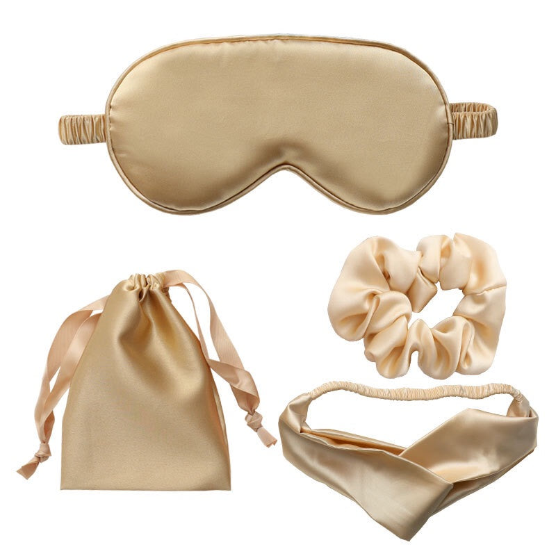 Gold silk satin eye mask, scrunchie and hair tie sleep set